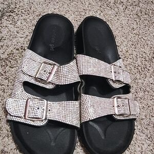 Sparkle Two-Buckle Slide Sandals in Rose Gold